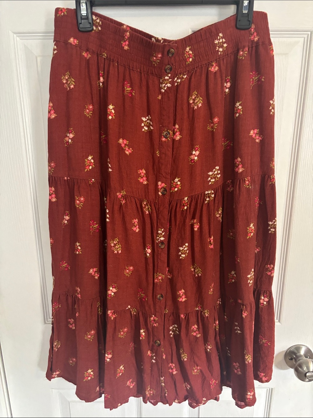Sonoma Rust Floral Tiered Button Maxi Skirt with Pockets